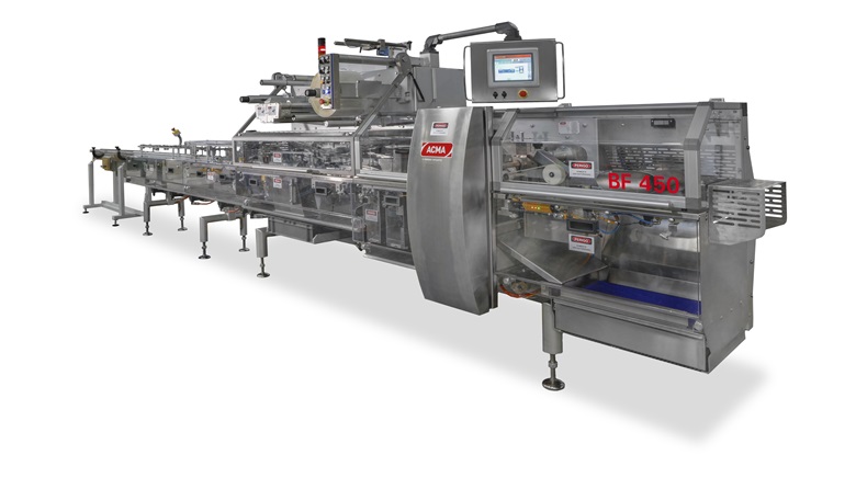 BF 450, macchina orizzontale per la formatura, riempimento e confezionamento in flow pack di prodotti alimentari in confezioni singole o multiple