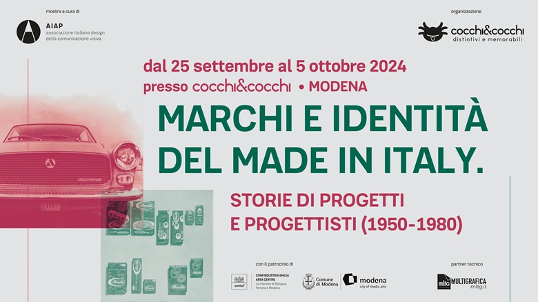 Locandina della mostra "Marchi e identità del Made in Italy" dal 25 settembre al 5 ottobre 2024 presso la sede di cocchi&cocchi, a Modena